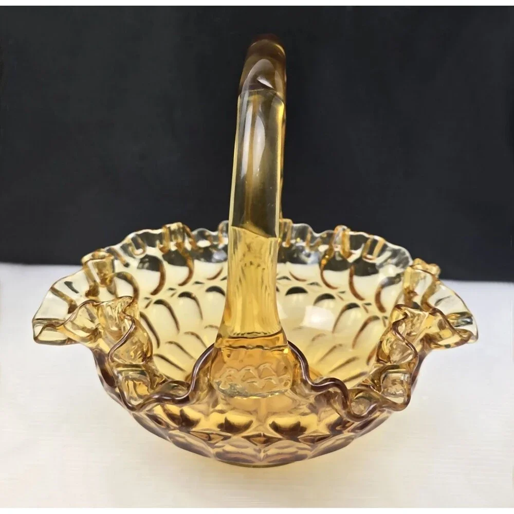 Vintage Fenton Colonial Amber Thumbprint Glass Basket  8
